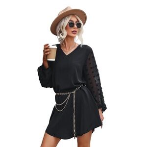 Womens Swiss Dot T Shirt Dress Long Sleeve Casual V Neck Puff Sleeve Shift Dress